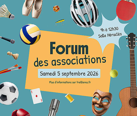 Affiche annonçant le Forum des associations de Treillières, le samedi 5 septembre 2026, de 9h à 12h30 à la salle Héraclès.