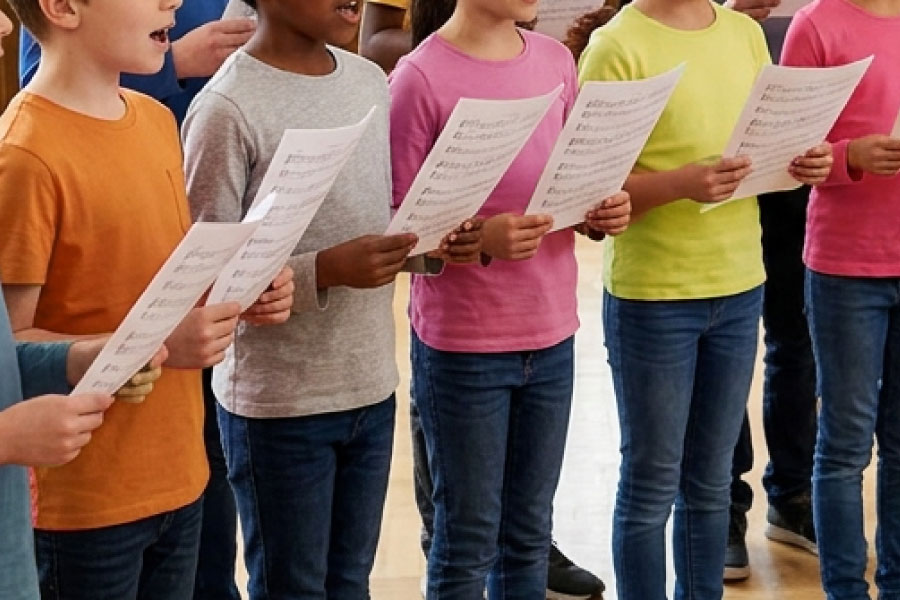 Enfants debout en train de chanter avec des feuillets dans les mains